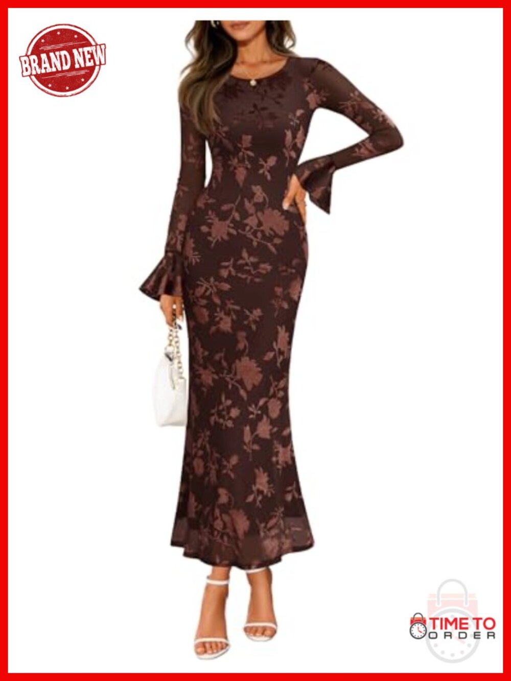 Women's Floral Mesh Bell Sleeve Bodycon Maxi Dress